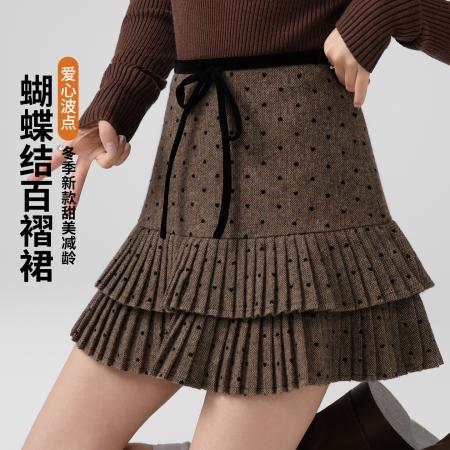 FA48578# 赵露思同款毛呢格纹百褶半身裙女秋冬复古高腰显瘦A字裙短裙 服裝批發女裝批發服飾貨源