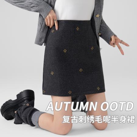 FA48579# 灰色毛呢a字半身裙女秋冬新款小个子加厚高腰包臀裙短裙 服裝批發女裝批發服飾貨源