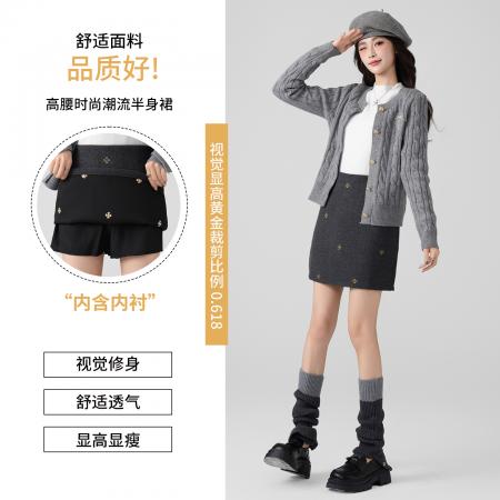 FA48579# 灰色毛呢a字半身裙女秋冬新款小个子加厚高腰包臀裙短裙 服裝批發女裝批發服飾貨源