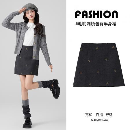 FA48579# 灰色毛呢a字半身裙女秋冬新款小个子加厚高腰包臀裙短裙 服裝批發女裝批發服飾貨源