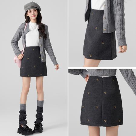 FA48579# 灰色毛呢a字半身裙女秋冬新款小个子加厚高腰包臀裙短裙 服裝批發女裝批發服飾貨源