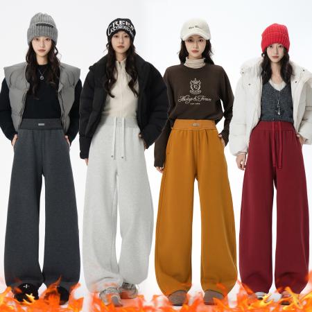 FA48581# 加绒加厚安可拉红抽绳弯刀运动裤女秋冬高腰休闲宽松阔腿卫裤 服裝批發女裝批發服飾貨源