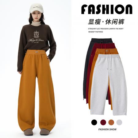 FA48581# 加绒加厚安可拉红抽绳弯刀运动裤女秋冬高腰休闲宽松阔腿卫裤 服裝批發女裝批發服飾貨源