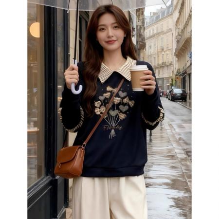 FA48585# 大码女装美式复古刺绣翻领卫衣秋冬胖mm显瘦假两件设计感减龄上衣 服裝批發女裝批發服飾貨源