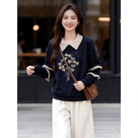 FA48585# 大码女装美式复古刺绣翻领卫衣秋冬胖mm显瘦假两件设计感减龄上衣 服裝批發女裝批發服飾貨源