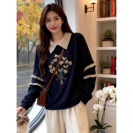 FA48585# 大码女装美式复古刺绣翻领卫衣秋冬胖mm显瘦假两件设计感减龄上衣 服裝批發女裝批發服飾貨源