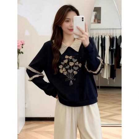 FA48585# 大码女装美式复古刺绣翻领卫衣秋冬胖mm显瘦假两件设计感减龄上衣 服裝批發女裝批發服飾貨源