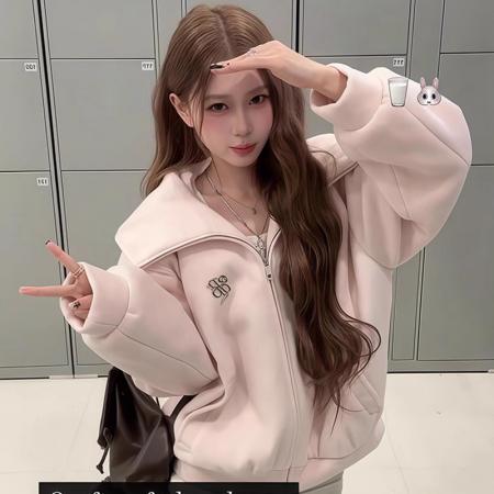 FA48586# 粉色连帽卫衣女秋冬季新爆款韩系独特漂亮巨好看加厚毛毛外套 服裝批發女裝批發服飾貨源