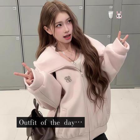 FA48586# 粉色连帽卫衣女秋冬季新爆款韩系独特漂亮巨好看加厚毛毛外套 服裝批發女裝批發服飾貨源