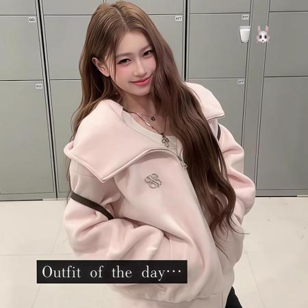 FA48586# 粉色连帽卫衣女秋冬季新爆款韩系独特漂亮巨好看加厚毛毛外套 服裝批發女裝批發服飾貨源