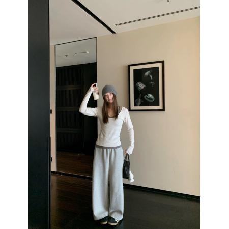 FA48588# 心机打底拼接条纹假两件长袖T恤女修身显瘦打底上衣 服裝批發女裝批發服飾貨源