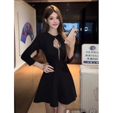 FA48589# 松间布月秋冬纯欲镂空绑带针织修身百搭七分袖收腰A摆连衣裙 服裝批發女裝批發服飾貨源