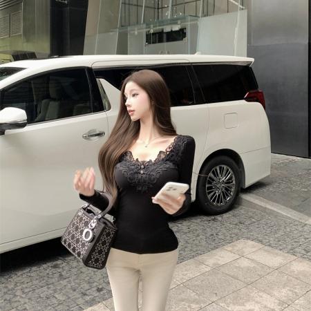 FA48590# 温婉纯欲蕾丝v领内搭针织女上衣 服裝批發女裝批發服飾貨源