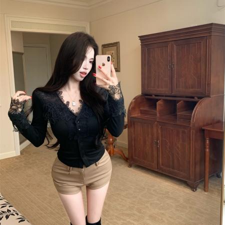 FA48591# 娇柔欲系姐感重工蕾丝纯欲拼接打底衫女 服裝批發女裝批發服飾貨源