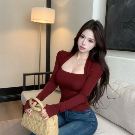 FA48592# 方领假两件长袖修身打底上衣 服裝批發女裝批發服飾貨源