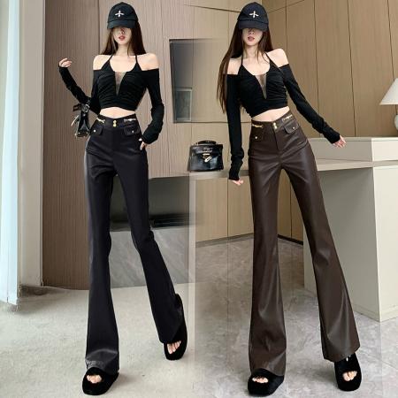 FA48594# 复古咖棕色pu皮微喇裤女秋冬设计感高腰休闲裤修身显瘦拖地喇叭裤 服裝批發女裝批發服飾貨源