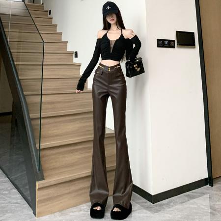 FA48594# 复古咖棕色pu皮微喇裤女秋冬设计感高腰休闲裤修身显瘦拖地喇叭裤 服裝批發女裝批發服飾貨源
