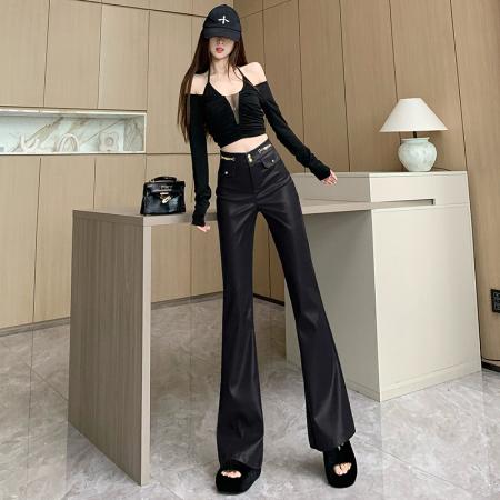 FA48594# 复古咖棕色pu皮微喇裤女秋冬设计感高腰休闲裤修身显瘦拖地喇叭裤 服裝批發女裝批發服飾貨源