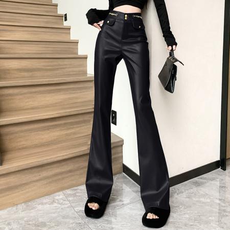 FA48594# 复古咖棕色pu皮微喇裤女秋冬设计感高腰休闲裤修身显瘦拖地喇叭裤 服裝批發女裝批發服飾貨源