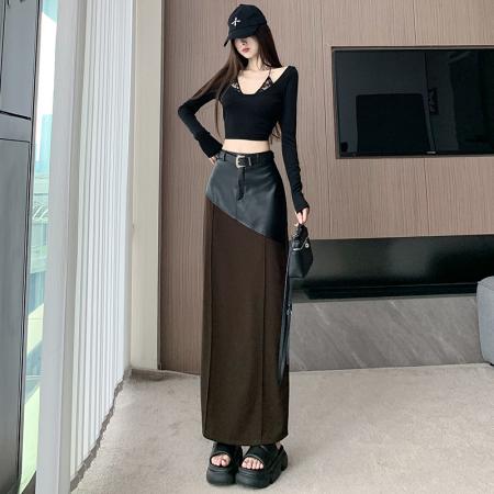 FA48595# 皮拼接黑色半身裙女秋冬新款设计感小众半裙高腰显瘦包臀一步裙 服裝批發女裝批發服飾貨源
