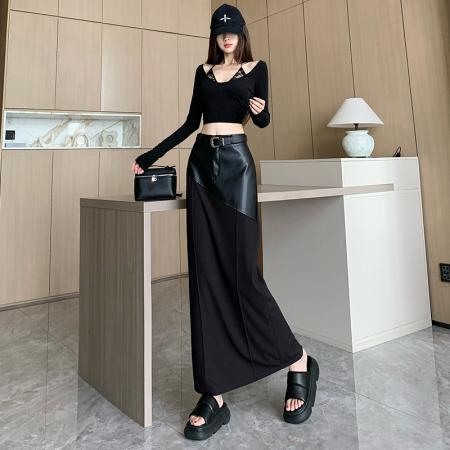 FA48595# 皮拼接黑色半身裙女秋冬新款设计感小众半裙高腰显瘦包臀一步裙 服裝批發女裝批發服飾貨源