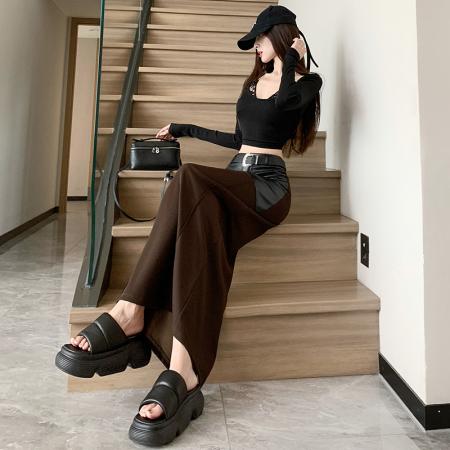 FA48595# 皮拼接黑色半身裙女秋冬新款设计感小众半裙高腰显瘦包臀一步裙 服裝批發女裝批發服飾貨源