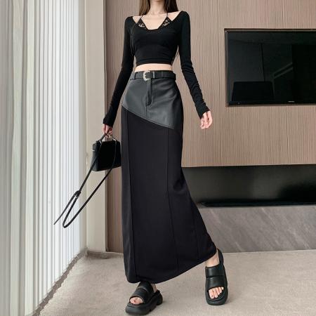 FA48595# 皮拼接黑色半身裙女秋冬新款设计感小众半裙高腰显瘦包臀一步裙 服裝批發女裝批發服飾貨源