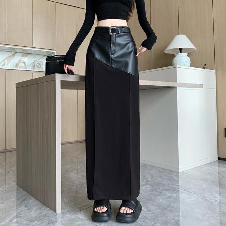 FA48595# 皮拼接黑色半身裙女秋冬新款设计感小众半裙高腰显瘦包臀一步裙 服裝批發女裝批發服飾貨源