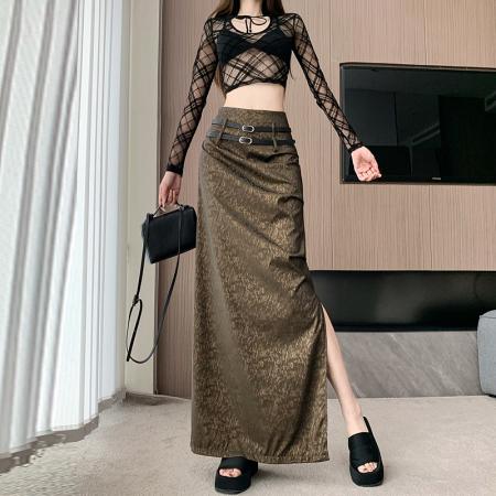 FA48596# 时尚简约pu皮裙女秋冬新款高腰显瘦复古百搭休闲长裙潮 服裝批發女裝批發服飾貨源