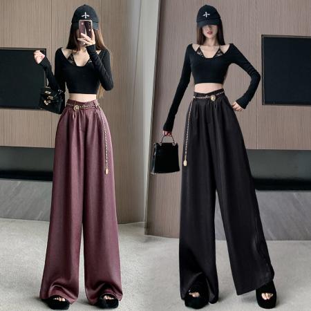 FA48597# 安可拉红皮裤女秋季高腰垂感宽松阔腿裤小个子显瘦直筒休闲拖地裤 服裝批發女裝批發服飾貨源