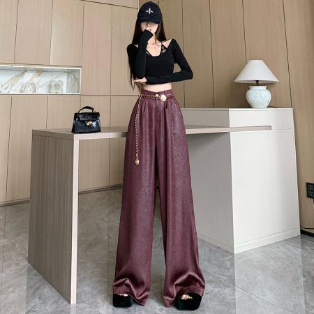 FA48597# 安可拉红皮裤女秋季高腰垂感宽松阔腿裤小个子显瘦直筒休闲拖地裤 服裝批發女裝批發服飾貨源