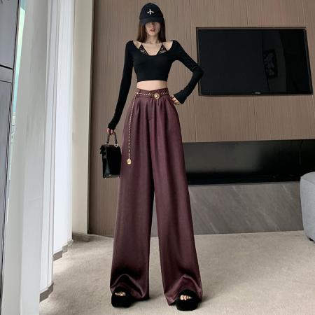 FA48597# 安可拉红皮裤女秋季高腰垂感宽松阔腿裤小个子显瘦直筒休闲拖地裤 服裝批發女裝批發服飾貨源