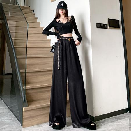 FA48597# 安可拉红皮裤女秋季高腰垂感宽松阔腿裤小个子显瘦直筒休闲拖地裤 服裝批發女裝批發服飾貨源