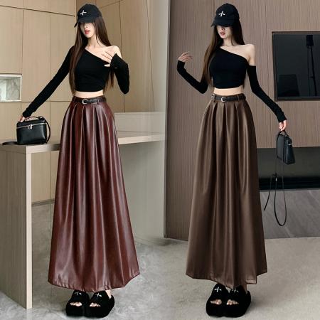 FA48598# 高级感pu皮裙半身裙女秋季红色高腰百褶裙垂感大摆中长款a字半裙 服裝批發女裝批發服飾貨源