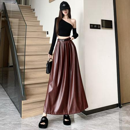 FA48598# 高级感pu皮裙半身裙女秋季红色高腰百褶裙垂感大摆中长款a字半裙 服裝批發女裝批發服飾貨源