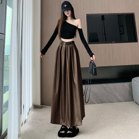 FA48598# 高级感pu皮裙半身裙女秋季红色高腰百褶裙垂感大摆中长款a字半裙 服裝批發女裝批發服飾貨源