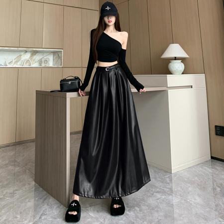 FA48598# 高级感pu皮裙半身裙女秋季红色高腰百褶裙垂感大摆中长款a字半裙 服裝批發女裝批發服飾貨源