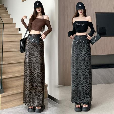 FA48599# 轻奢高级感豹纹pu皮包臀裙女a字中长款直筒开叉一步半身裙子 服裝批發女裝批發服飾貨源