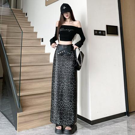 FA48599# 轻奢高级感豹纹pu皮包臀裙女a字中长款直筒开叉一步半身裙子 服裝批發女裝批發服飾貨源