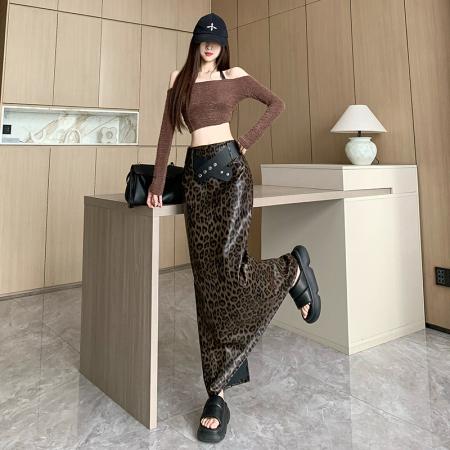 FA48599# 轻奢高级感豹纹pu皮包臀裙女a字中长款直筒开叉一步半身裙子 服裝批發女裝批發服飾貨源