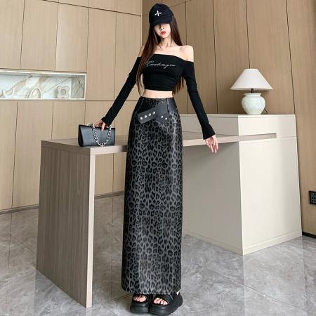 FA48599# 轻奢高级感豹纹pu皮包臀裙女a字中长款直筒开叉一步半身裙子 服裝批發女裝批發服飾貨源