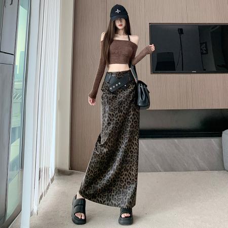 FA48599# 轻奢高级感豹纹pu皮包臀裙女a字中长款直筒开叉一步半身裙子 服裝批發女裝批發服飾貨源