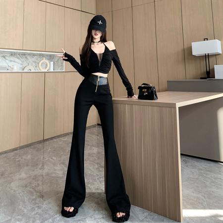 FA48600# 小众PU皮拼接高腰微喇叭裤子秋冬时髦女裤休闲直筒提臀马蹄裤 服裝批發女裝批發服飾貨源