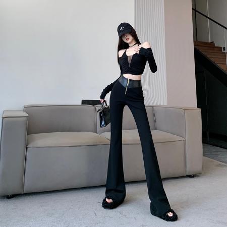 FA48600# 小众PU皮拼接高腰微喇叭裤子秋冬时髦女裤休闲直筒提臀马蹄裤 服裝批發女裝批發服飾貨源