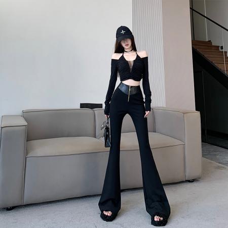 FA48600# 小众PU皮拼接高腰微喇叭裤子秋冬时髦女裤休闲直筒提臀马蹄裤 服裝批發女裝批發服飾貨源
