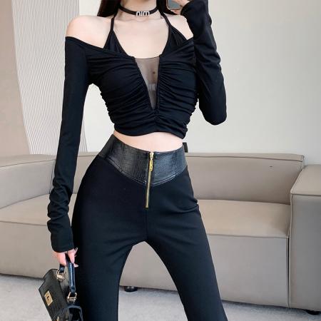 FA48600# 小众PU皮拼接高腰微喇叭裤子秋冬时髦女裤休闲直筒提臀马蹄裤 服裝批發女裝批發服飾貨源