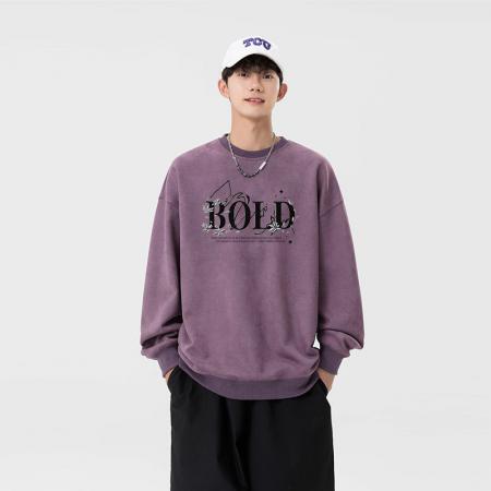 FA48644# 麂皮绒卫衣男款春秋季重磅宽松大码内搭上衣服男生圆领长袖打底衫 男装批发