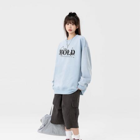 FA48644# 麂皮绒卫衣男款春秋季重磅宽松大码内搭上衣服男生圆领长袖打底衫 男装批发