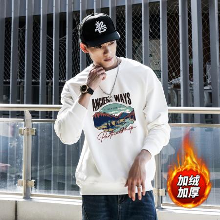 FA48653# 华棉加绒圆领潮流保暖上衣情侣宽松情侣T恤休闲卫衣 男装批发