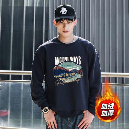 FA48653# 华棉加绒圆领潮流保暖上衣情侣宽松情侣T恤休闲卫衣 男装批发